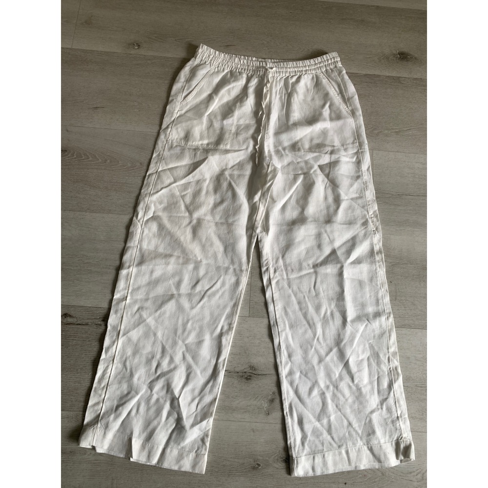 Chico's White 100% Linen Wide Leg‎ Drawstring Pants Size 1R US 8 Regular